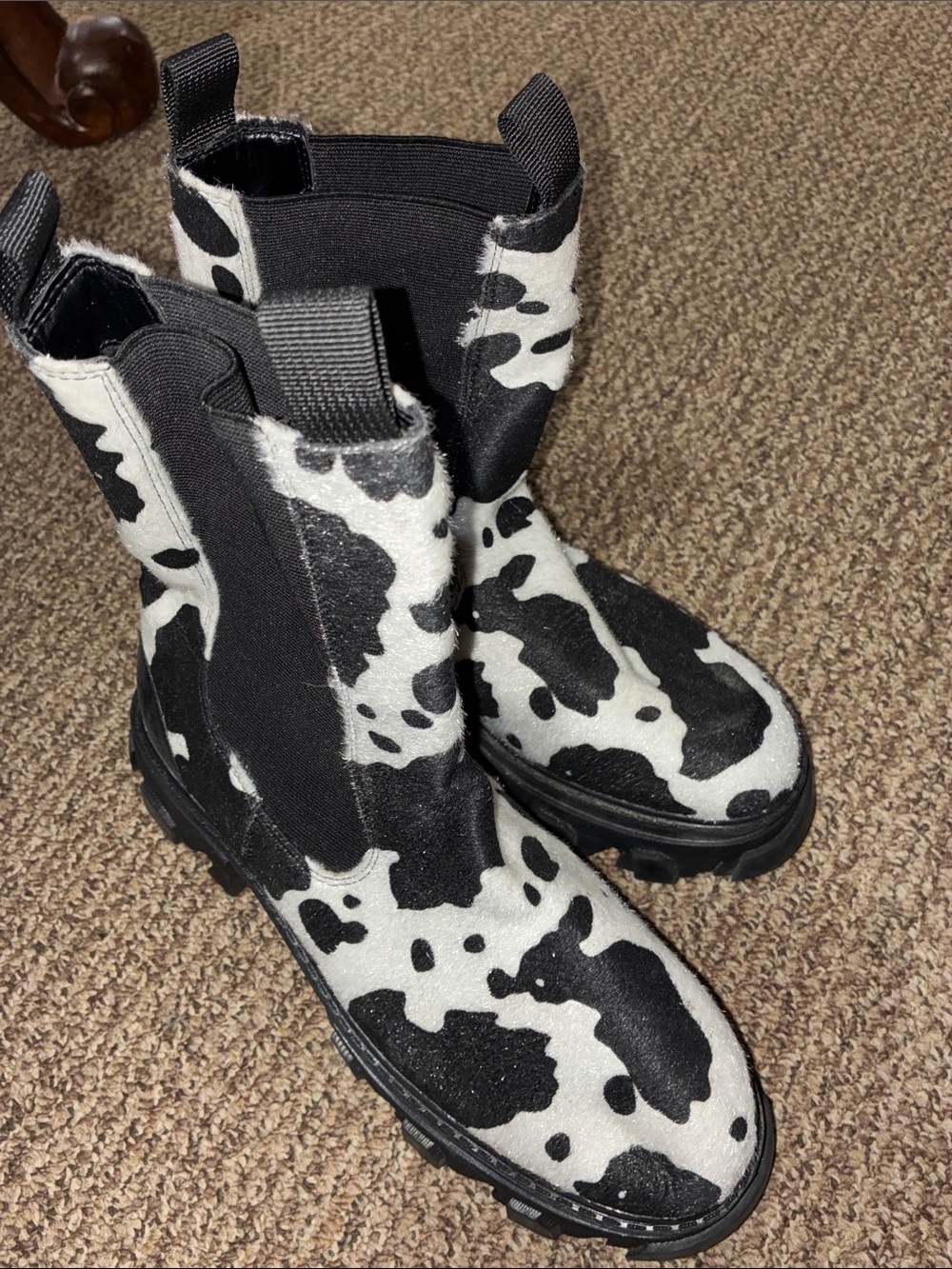 Cow-Print Chelsea Combat Boots - Black & White